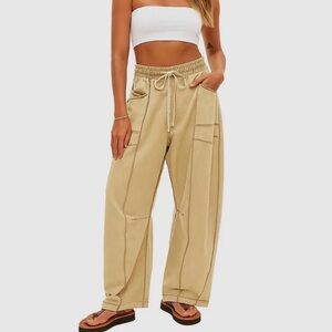 673. Beige Wide Leg Drawstring Pants